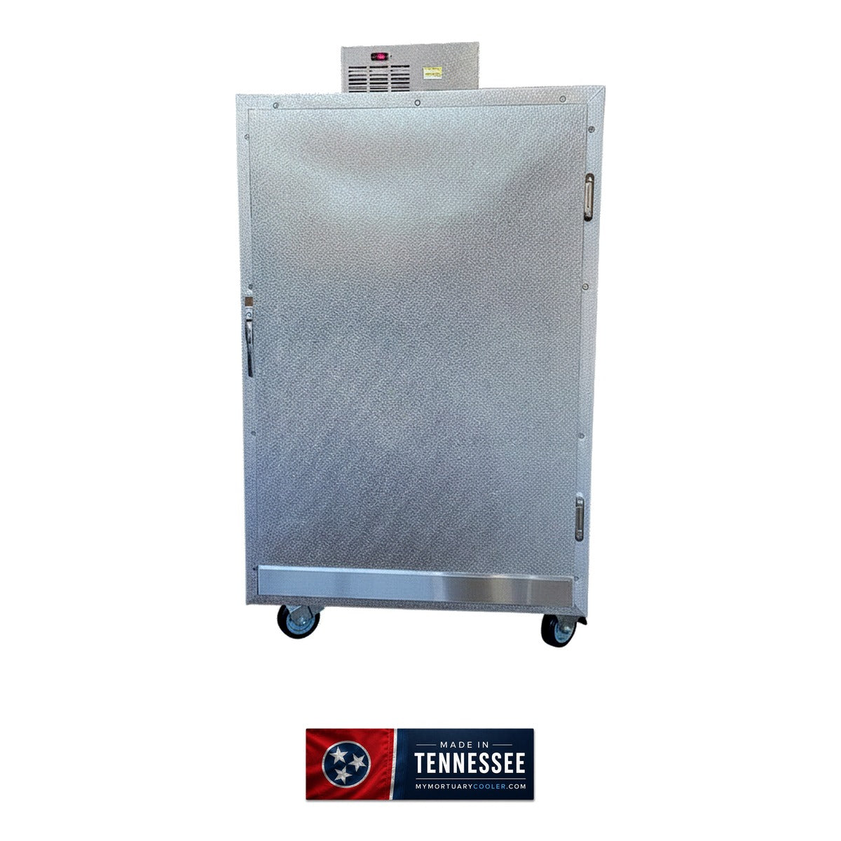 2 body extra wide upright morgue cooler side view, heavy-gauge construction, Tennessee-made
