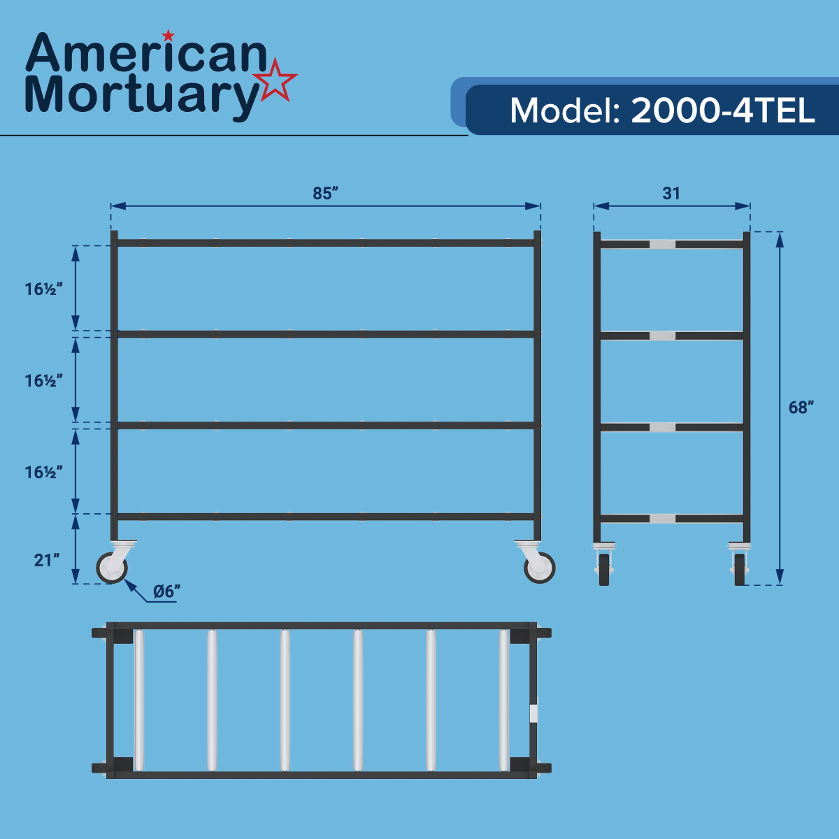 4 Tier End Loading Mortuary Rack | Model 2000 - 4TEL - American Mortuary Coolers & Equipments