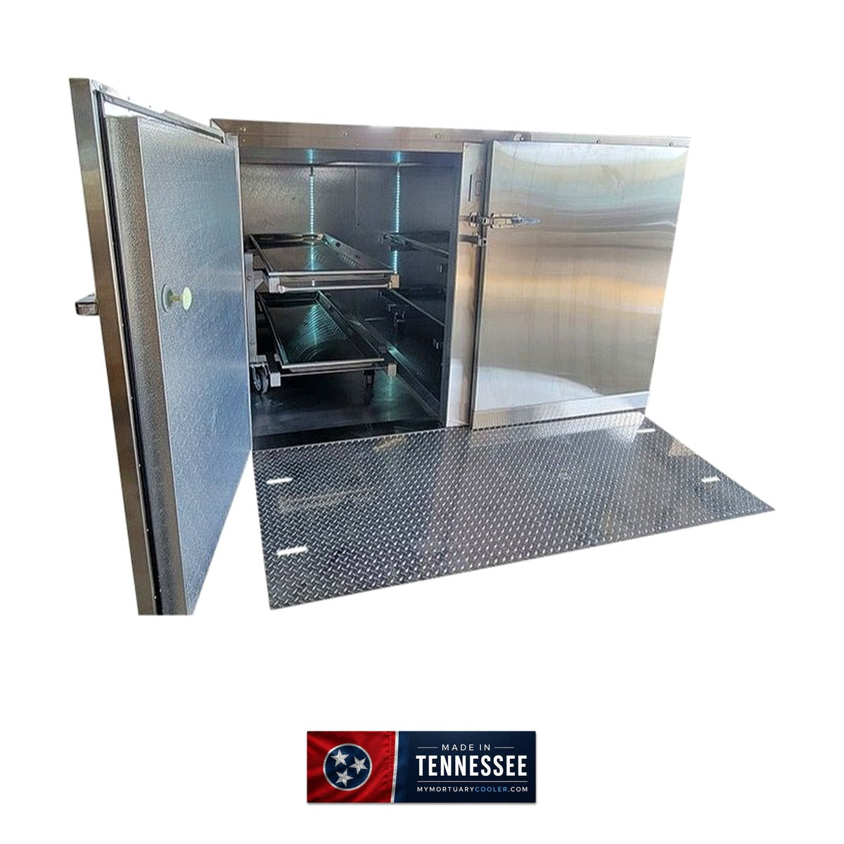 6 body dual-door morgue cooler full exterior, self-contained refrigeration, Tennessee-made