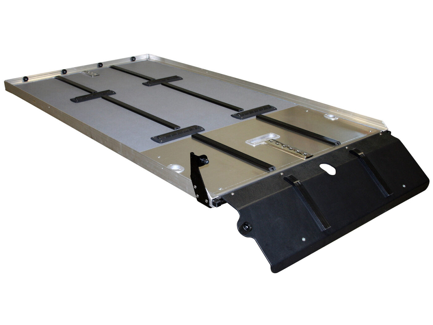 AME-SS150XL sealed fiberglass deck with recessed aluminum cot cups — American Mortuary Equipment single-deck with rollers for Toyota Sienna Honda Odyssey Kia Carnival and Chrysler Pacifica