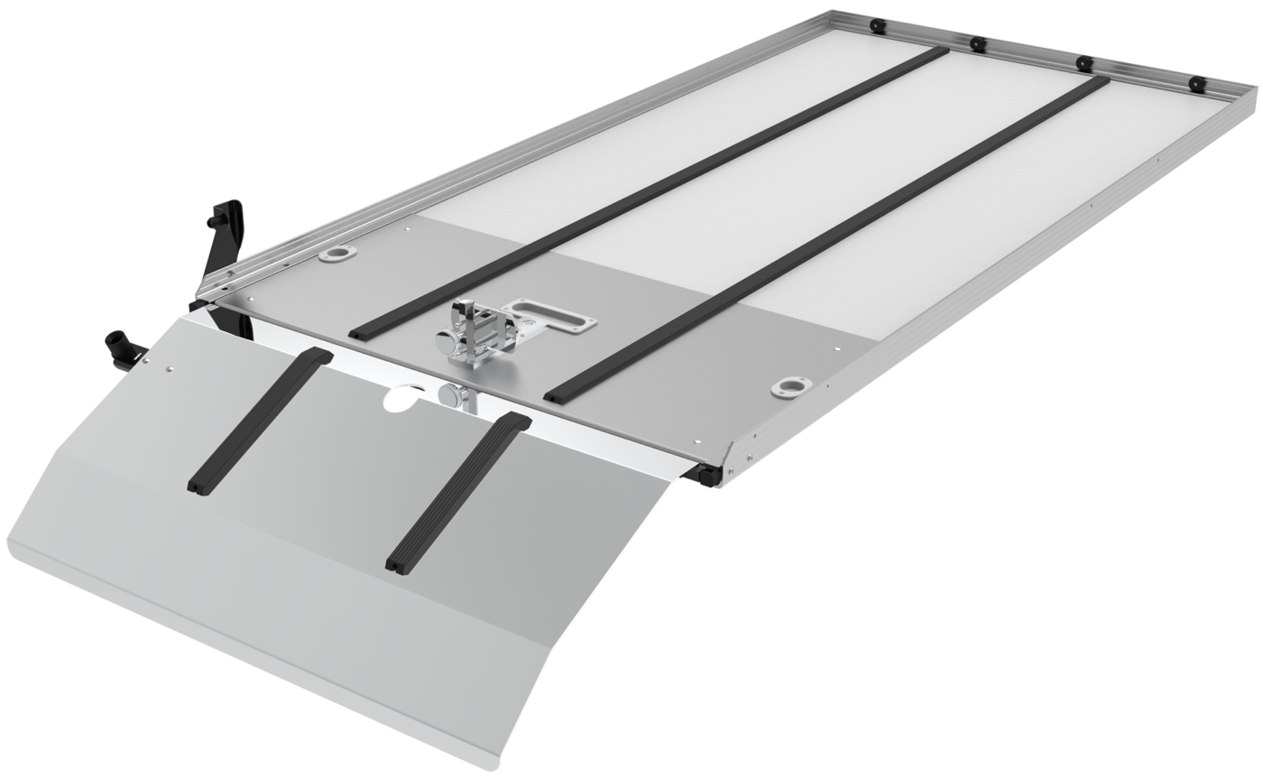 AME-SS150 extended length deck 7135X004 installed in Ford Transit cargo van — American Mortuary Equipment professional first call removal deck system