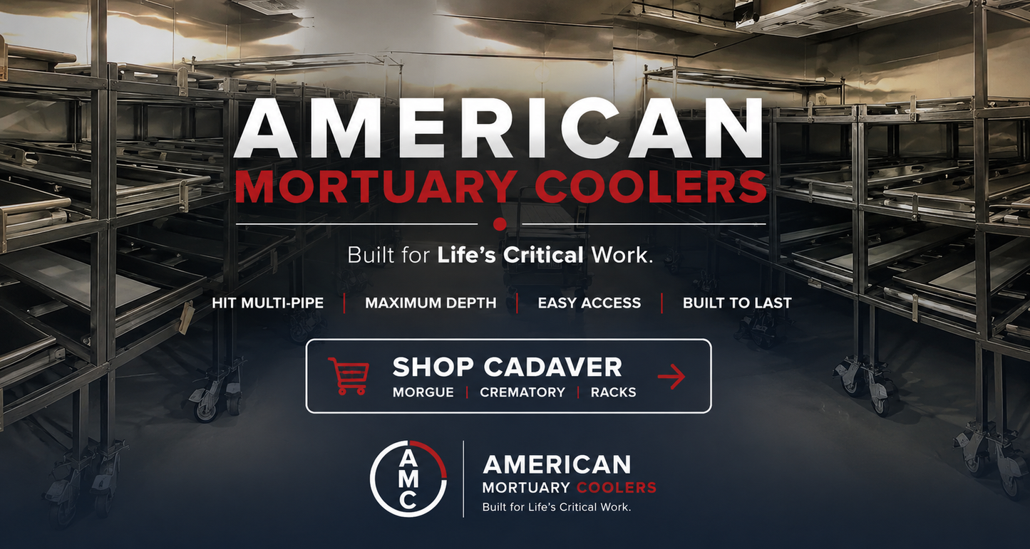 American Mortuary Coolers cadaver cold storage — 12 body triple-door upright mortuary cooler product graphic