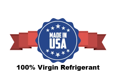 Made in USA badge indicating 100% virgin R-404A refrigerant.