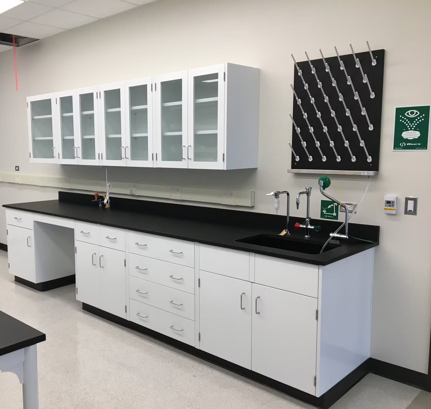 Wall mounted anatomy lab bench system with phenolic resin countertop and custom blue powder coated steel cabinetry.