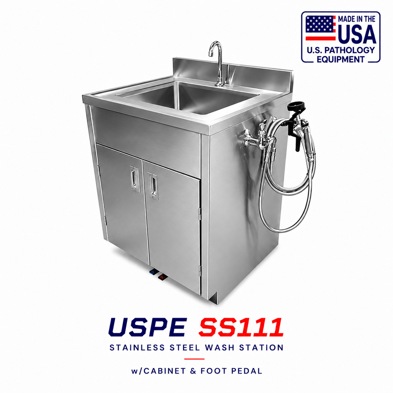 Foot Pedal Morgue Sink | Stainless + Spray Hose
