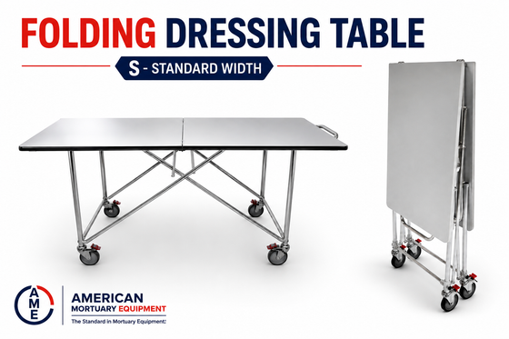 Single width folding mortuary dressing table — 34-inch stainless steel cadaver prep table, American Mortuary Equipment