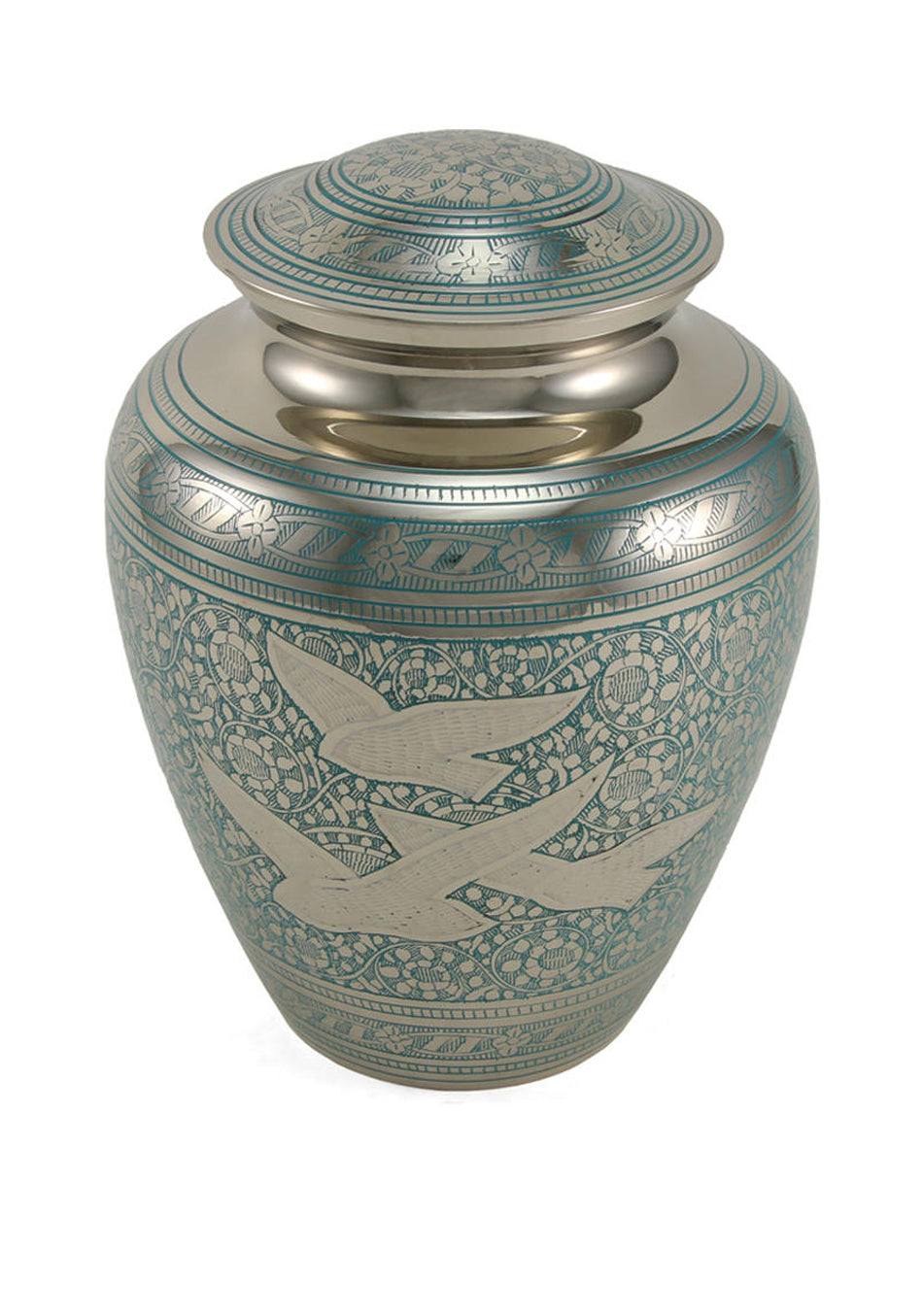 Teal Flying Doves Etched Brass Full Size Cremation Urn