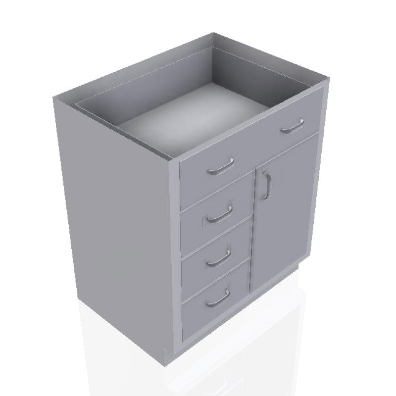 30 in. Stainless Steel Prep Room Base Cabinet: 1 Long Medium Drawers, 3 Medium Drawers, Right Door
