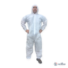 USPE Fluid-Resistant Embalming Coverall, PE-Coated, Attached Hood, Elastic Wrists & Ankles – Case of 25