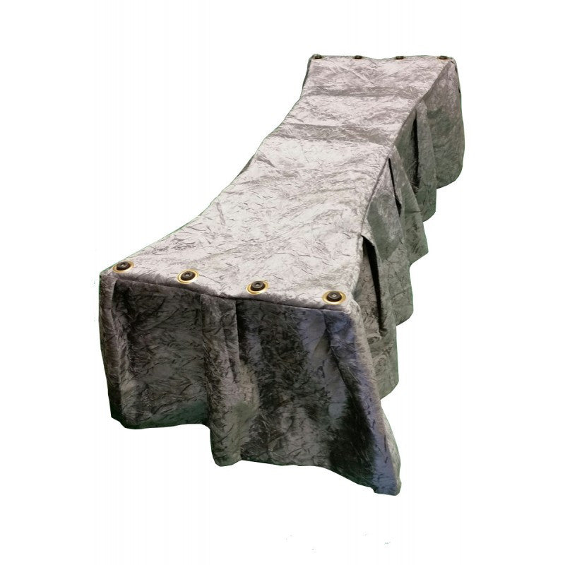Charcoal gray crushed-velvet church truck drape with 12-pleat skirt covering a casket church truck