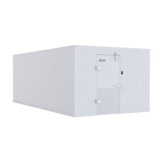 Walk-in mortuary cooler with stainless steel interior and multi-body storage racks designed for funeral homes and medical examiner facilities