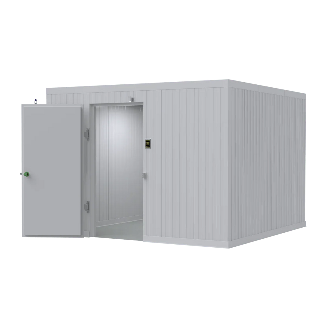 Mortuary cooler showing multiple body storage compartments in a professional funeral home setting