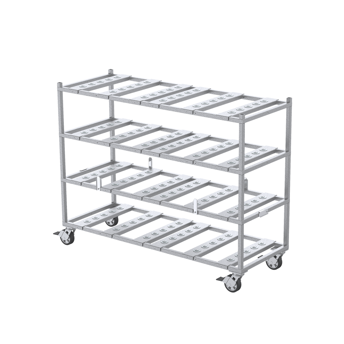 American Mortuary body tray seamlessly sliding into a USA-manufactured 3-tier mortuary cooler racking system.