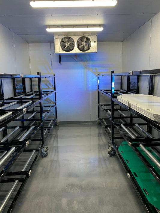 high authority mortuary racks in funeral home setting 