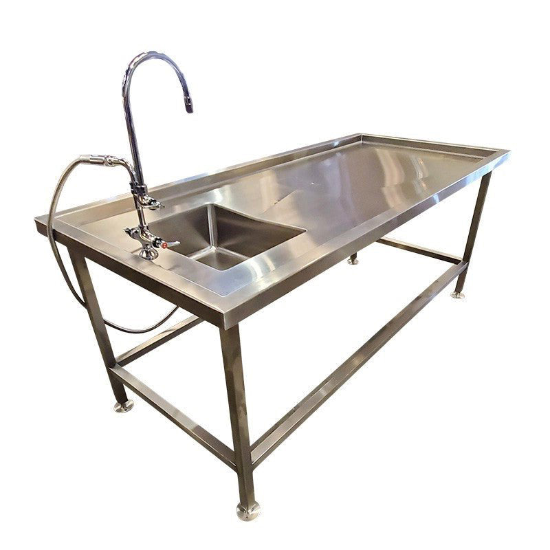 Autopsy Table with Integrated Sink | USPE-1035-8PAT | 104x32 304 Stainless Top | Adjustable Pedestal | U.S. Pathology Equipment