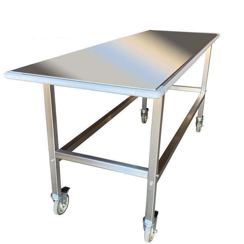Heavy-duty stainless steel morgue bumper cart featuring non-marring perimeter bumpers and locking casters for secure specimen transport.