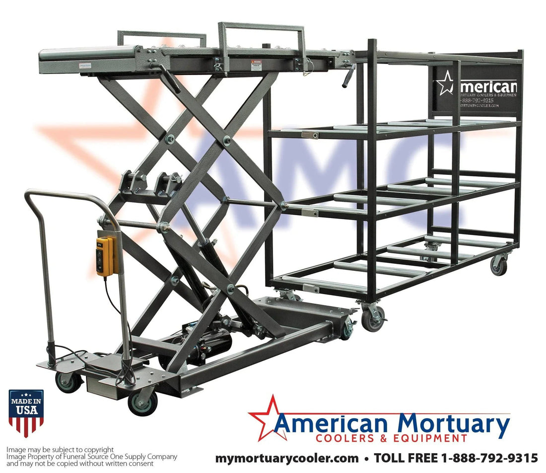 Efficient Mortuary Cadaver Lift by American Mortuary Coolers: Multi-Directional Ball Top for Side and End Loading - American Mortuary Coolers & Equipments