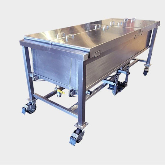 Industrial-grade stainless steel Dip Tank Dissection Table by American Mortuary Equipment featuring an airtight gasketed lid and internal specimen lift mechanism for anatomical preservation.