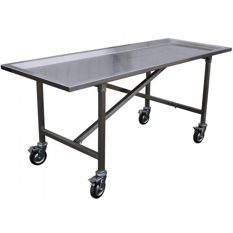 Professional embalming table with hydraulic height adjustment, precision positioning, integrated task lighting, organized equipment storage, integrated drainage, and ergonomic design - the nation's most efficient embalming table