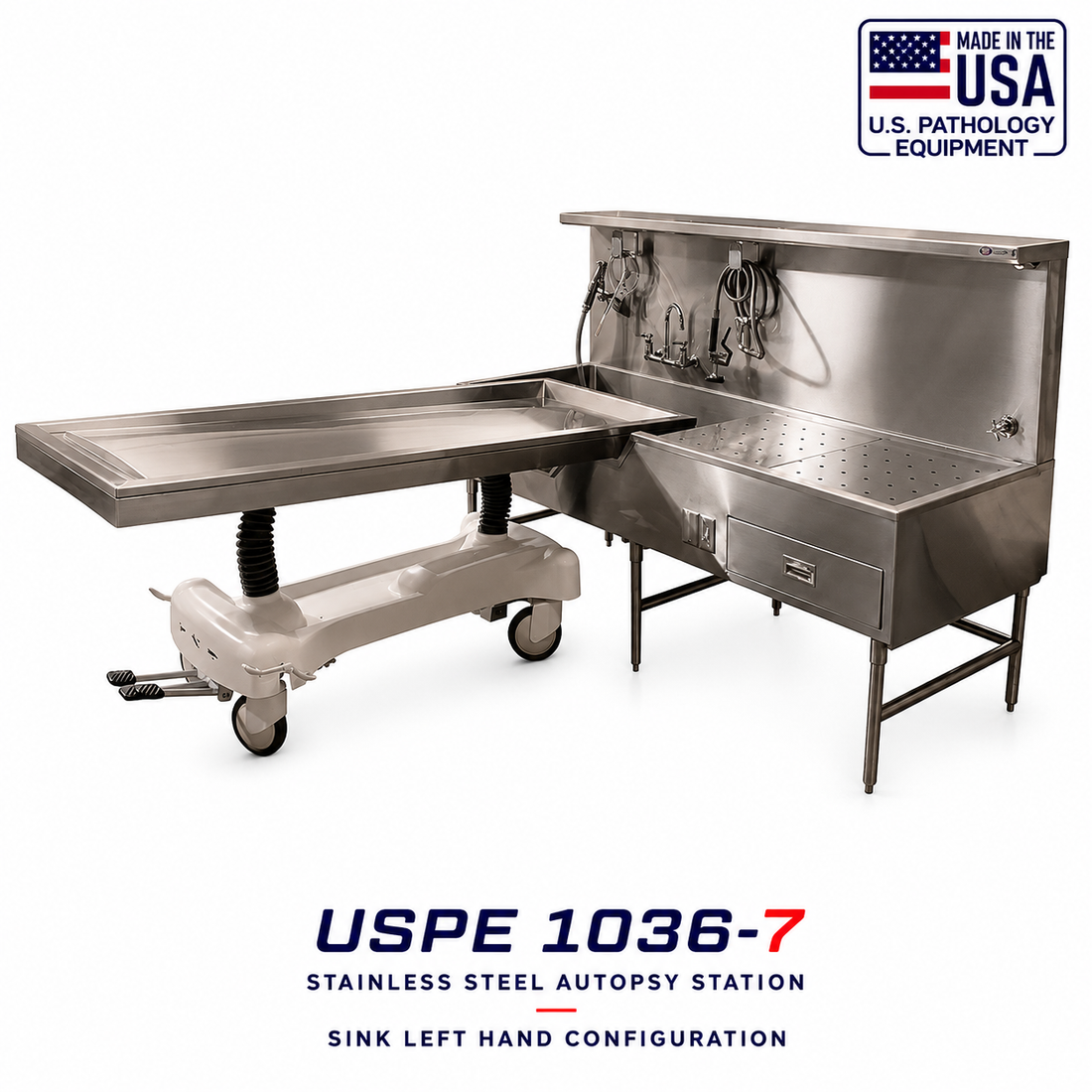 Left-Hand Embalming Sink Station Model 1036-8L, stainless steel prep room sink, American Mortuary Equipment