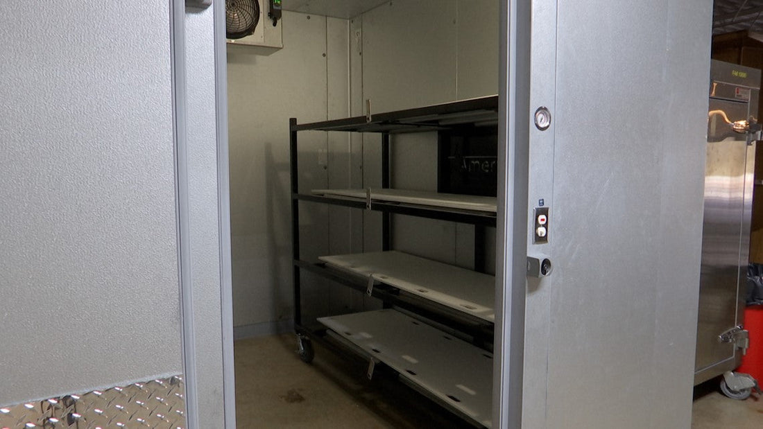 Walk-in vs. upright multi-body mortuary coolers — 10x12 walk-in mortuary cooler from American Mortuary Coolers