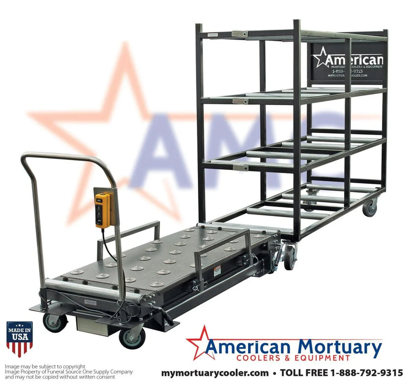 USA-made low-profile 4-way mortuary scissor lift, Model 1030-LPL, single-operator powered body lift by American Mortuary Coolers