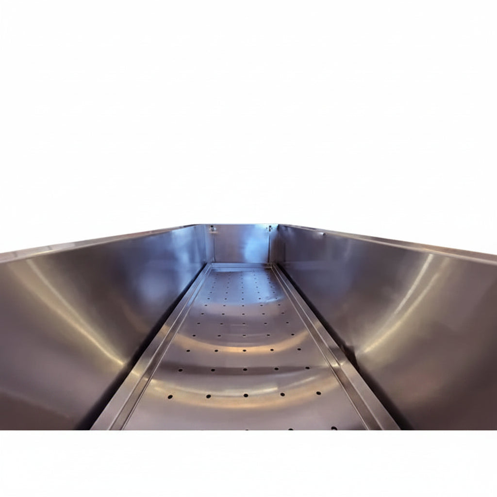 Model 1035-03P pathology immersion table 87-1/8 by 34 inch stainless steel base frame showcasing the integrated central drain plumbing fitting.