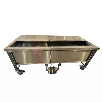 Model 1035-03P pathology immersion table 87-1/8 by 34 inch stainless steel base frame showcasing the integrated central drain plumbing fitting