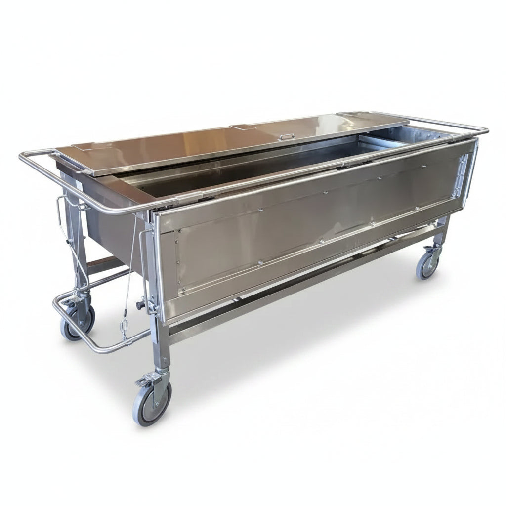 Model 1035-03P stainless steel anatomy table highlighting heavy-gauge non-porous continuous clinical-grade 304 welded seams.