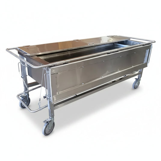 Model 1035-03P stainless steel anatomy table highlighting heavy-gauge non-porous continuous clinical-grade 304 welded seams.