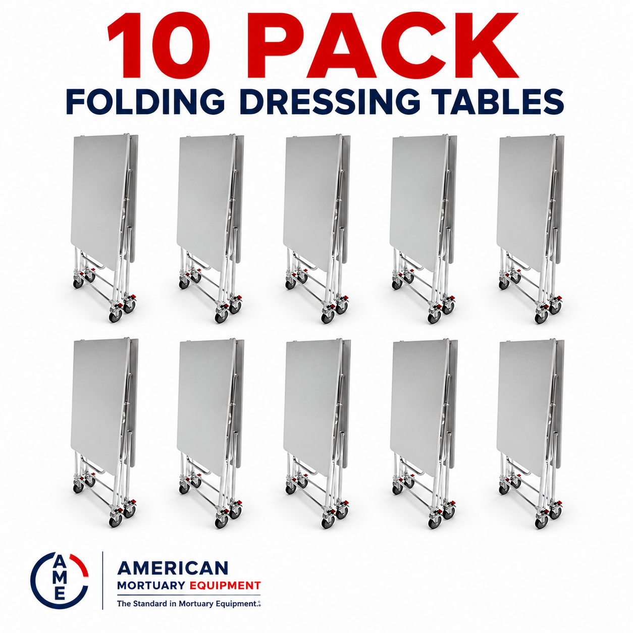 10-Pack folding mortuary dressing tables, bulk stainless steel prep table bundle for mortuary schools and disaster-response staging | American Mortuary Coolers