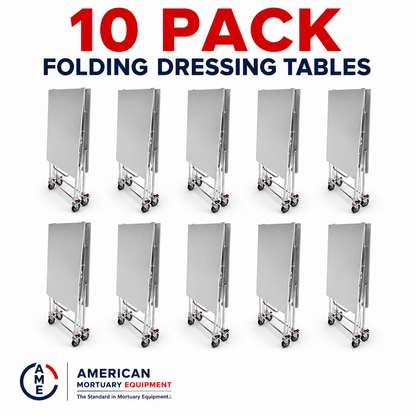 10-Pack folding mortuary dressing tables, bulk stainless steel prep table bundle for mortuary schools and disaster-response staging | American Mortuary Coolers
