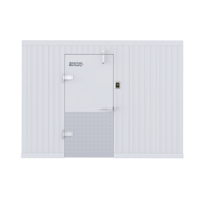 Interior view of a 10x10 walk-in mortuary cooler showing high-capacity storage and professional-grade construction
