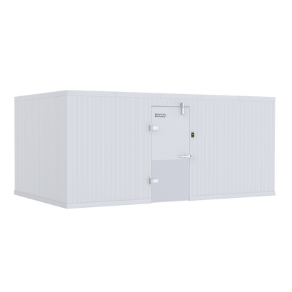 Interior view of a 10x16 walk-in mortuary cooler showing mid-capacity cadaver storage and central aisle clearance