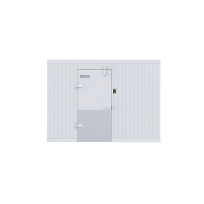 Cadaver rack layout inside a 10x16 walk-in mortuary cooler designed for efficient workflow