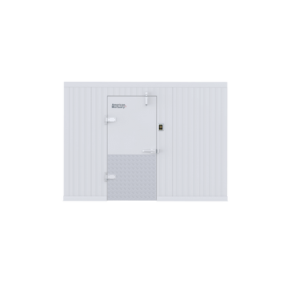 Exterior installation of a 10x20 walk-in mortuary cooler at a professional funeral or medical facility