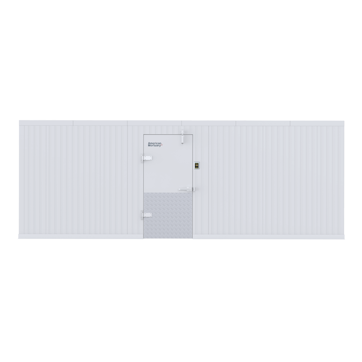 Multi-tier cadaver rack layout inside a 10x20 walk-in mortuary cooler designed for high-volume workflow