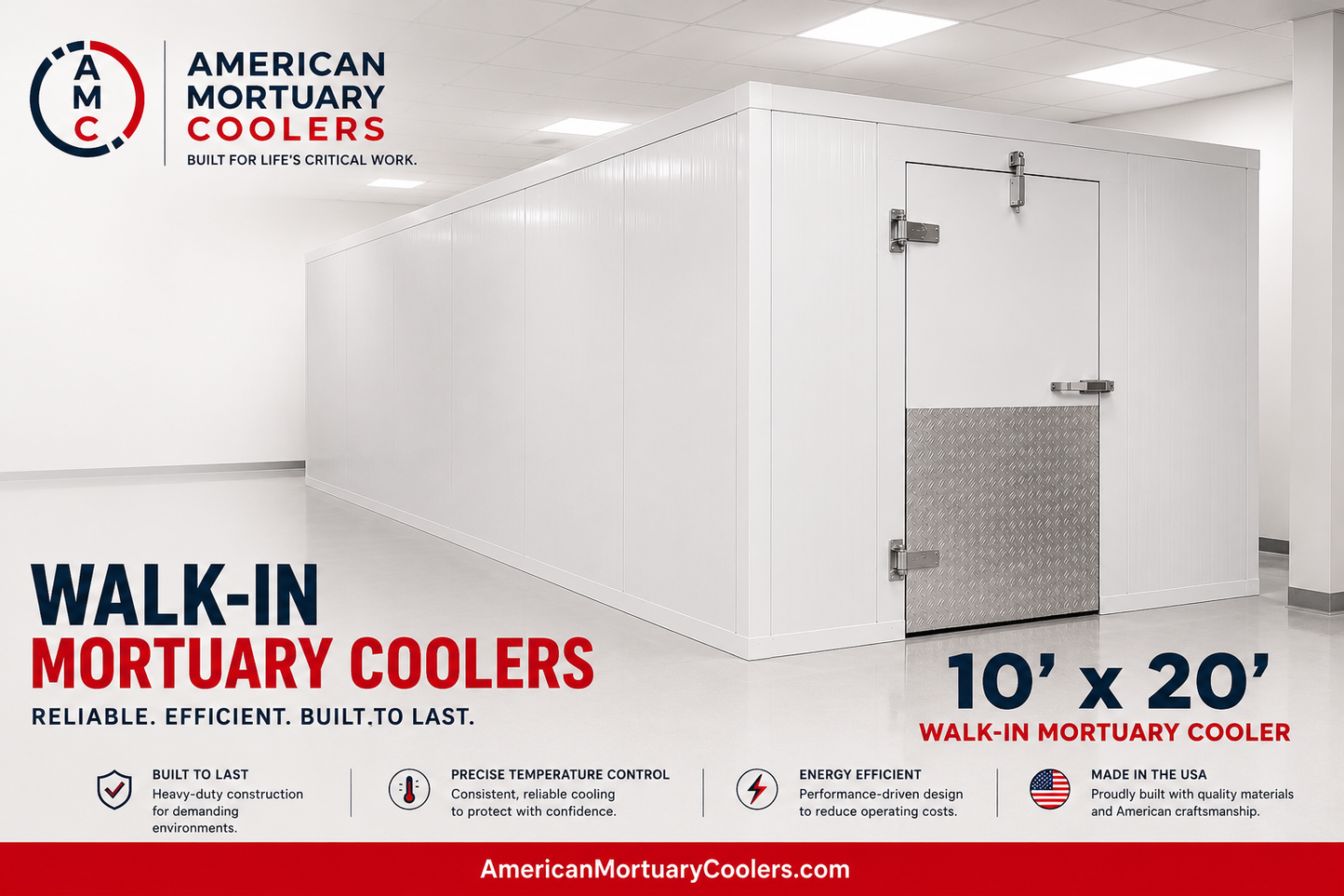 10' x 20' Walk-In Mortuary Cooler | American Mortuary Coolers | High-Capacity Funeral Home & Morgue Body Storage | Stainless Diamond-Plate Kick Door | Reliable, Efficient, Built to Last | Made in USA