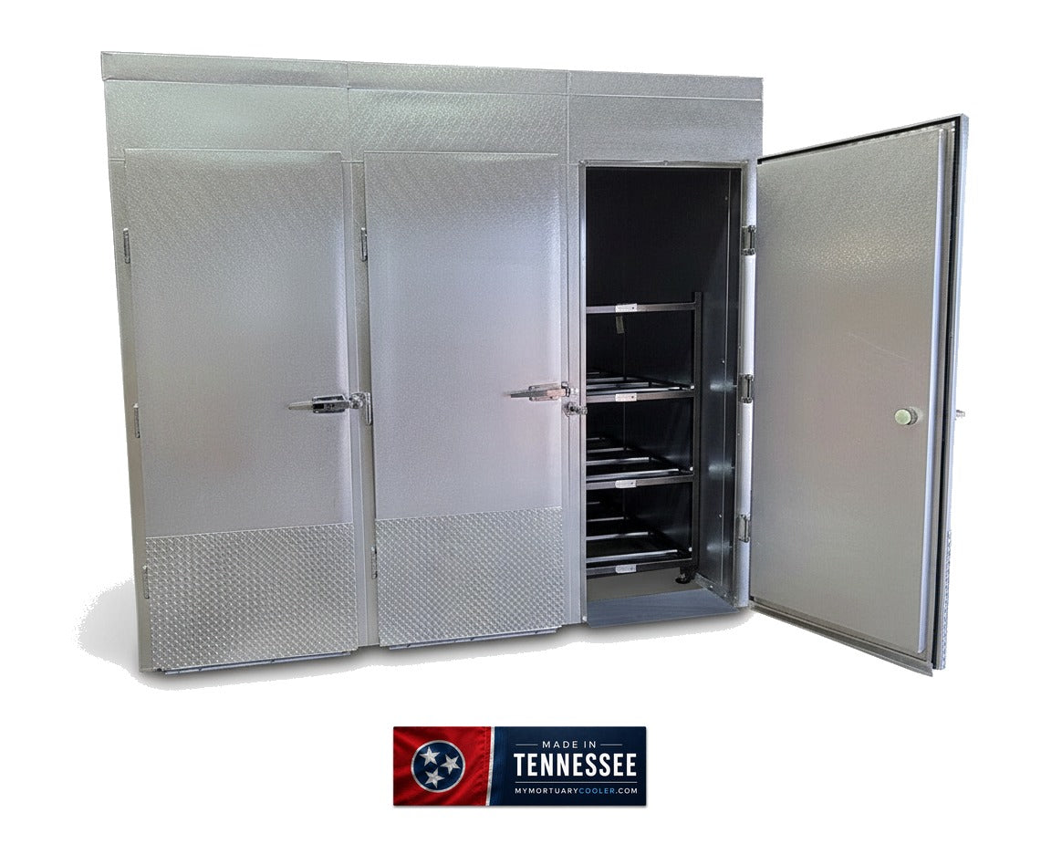 12 body triple-door mortuary cooler three independent sealed bays with American-made badge