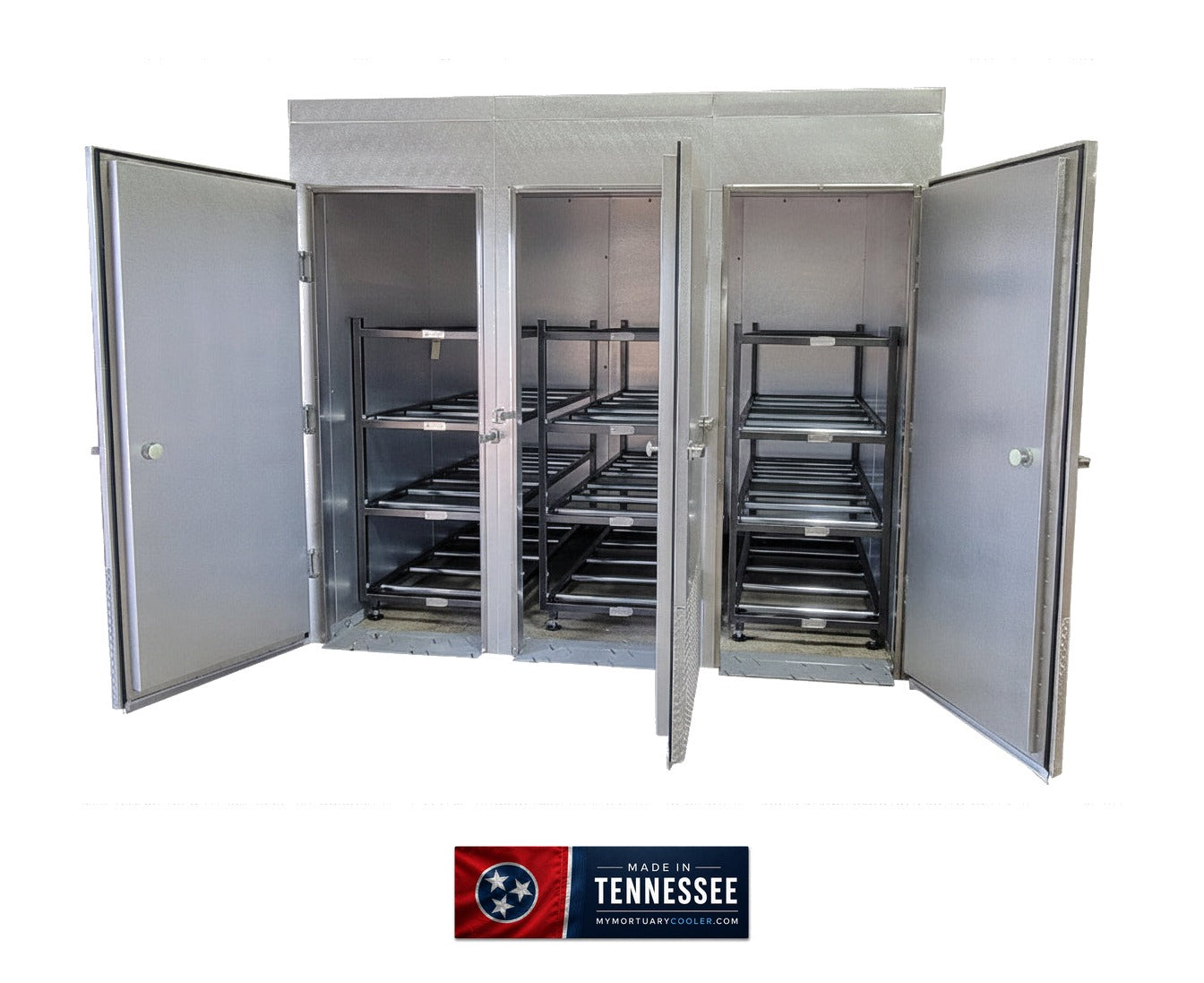 12 Body Hybrid Mortuary Cooler by American Mortuary Equipment with visible pipe-style refrigeration design
