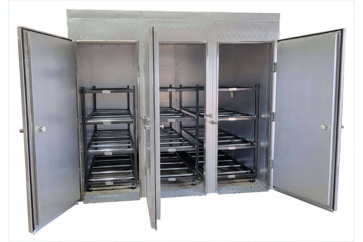 Internal view of the AMC-12B-3D mortuary cooler showing three bays equipped with 4-tier multi-directional roller racks, demonstrating maximum vertical storage capacity and professional remains management.
