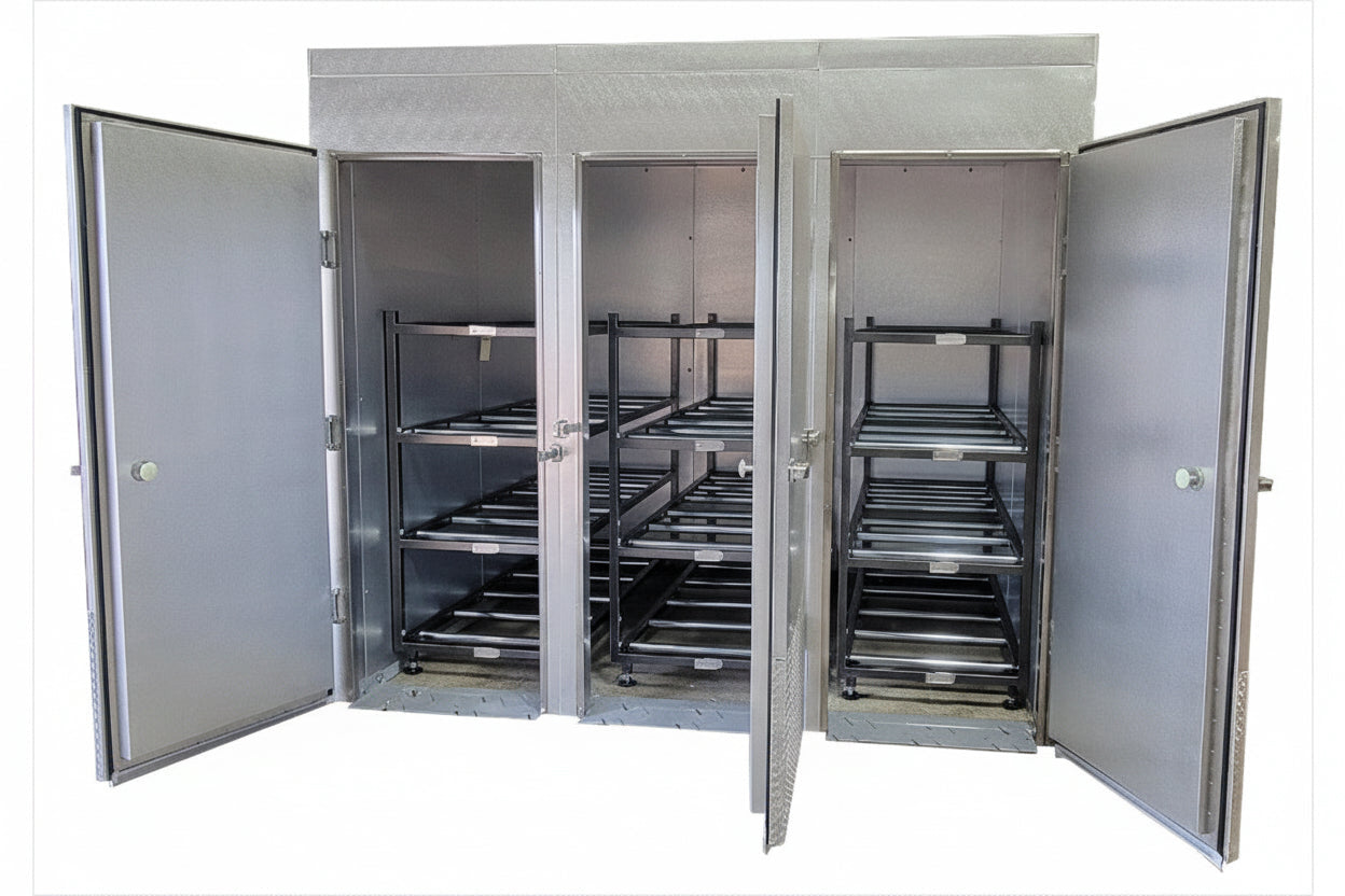 12 body triple-door mortuary cooler Model AMC-12B-3D custom 10x10 by American Mortuary Coolers