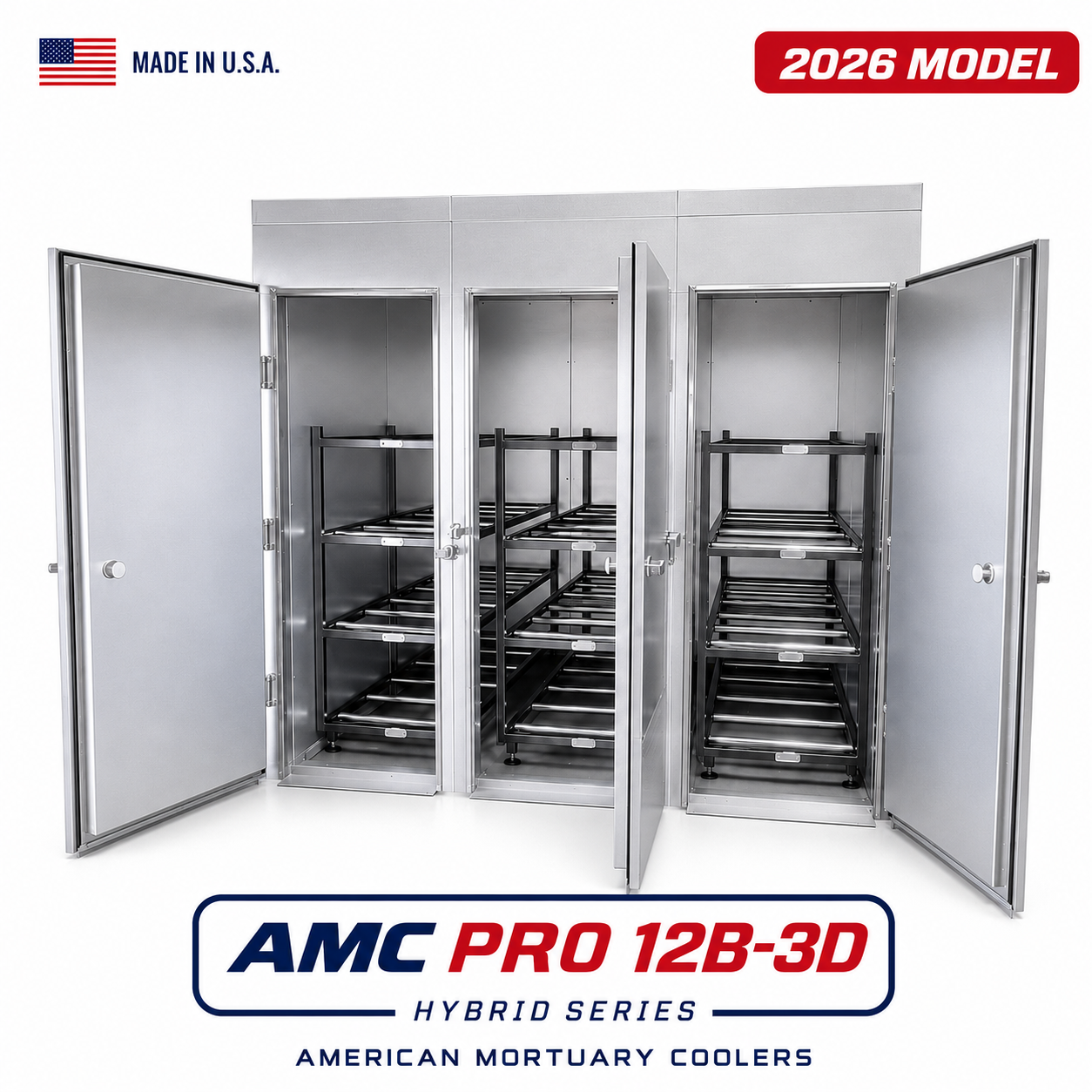 12 Body Triple-Door Mortuary Cooler | Model AMC-12B-3D | High-Capacity Upright Cadaver Storage | American-Made