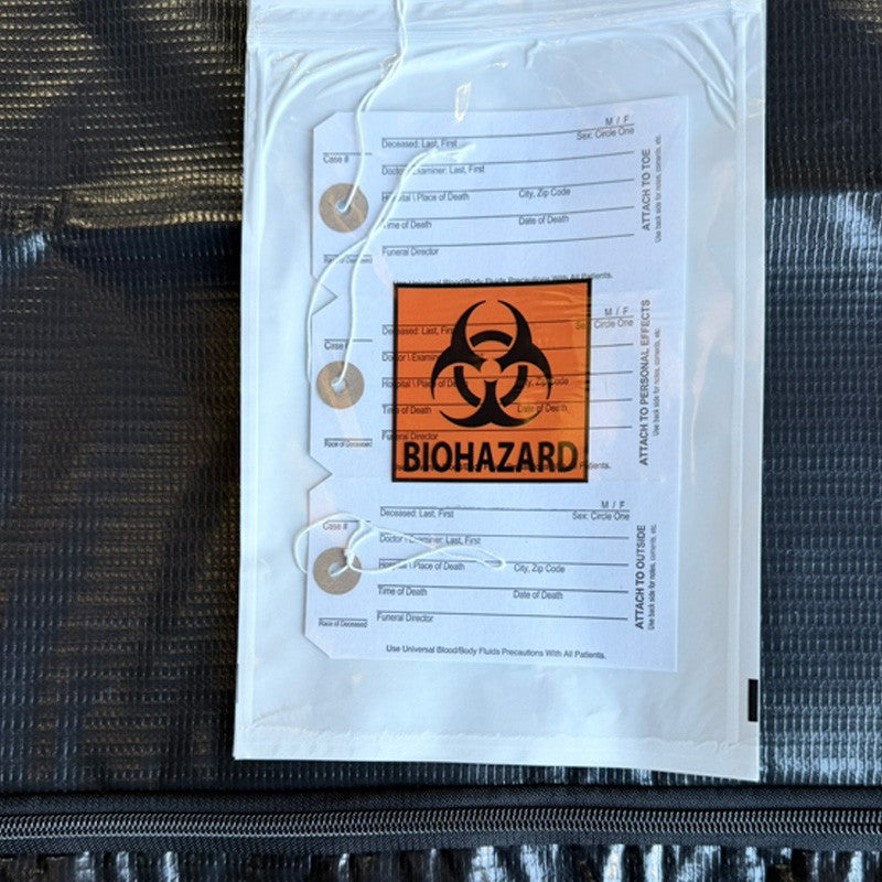 Case of 4 American Mortuary Equipment 18 Mil heavy-duty XXL body bags with envelope zipper and toe tags for high-volume hospital and morgue PO submittals.