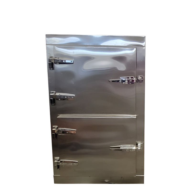 American Mortuary 2-body vertical vault-style mortuary cooler for compact morgue refrigerator and cadaver storage planning