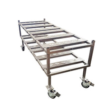 2-Tier Multi-Directional Mortuary Roller Rack by American Mortuary Coolers, featuring a 9-inch low-profile first tier for lift systems and 1.9-inch gravity-free rollers. Made in the USA.