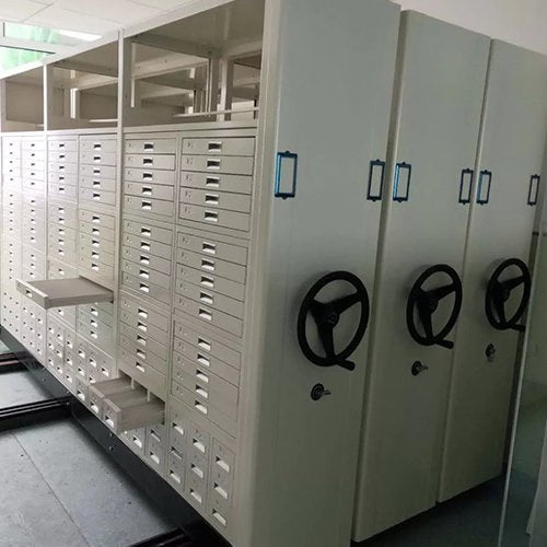 High-density sliding microscope slide storage system by American Mortuary Equipment for forensic pathology labs.