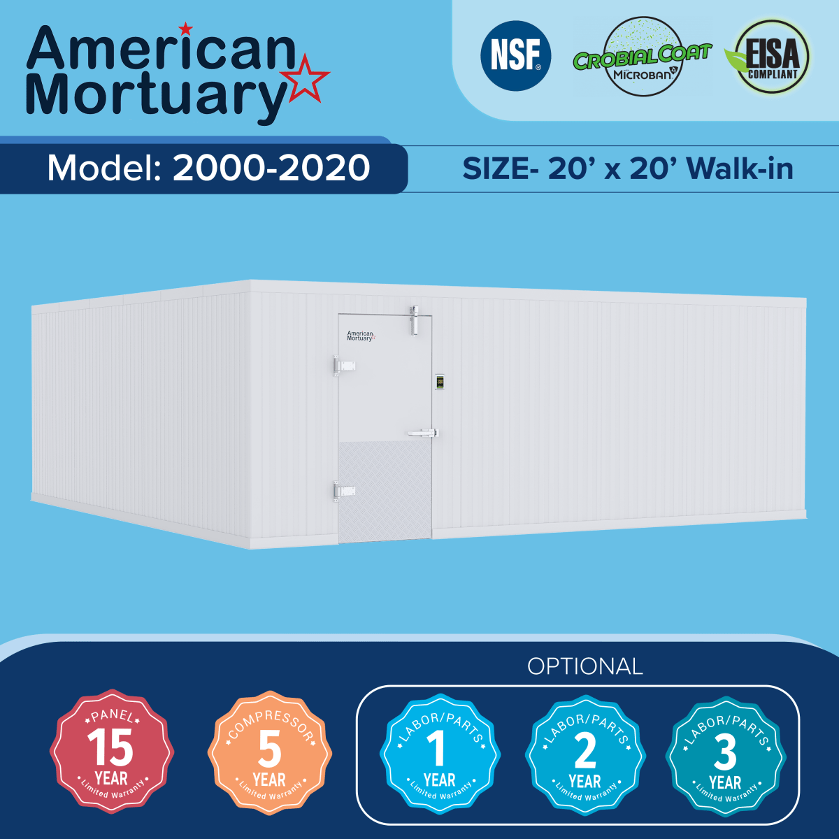 16x16 walk-in mortuary cooler exterior installation, large-format institutional cold storage — American Mortuary Coolers (closest-size image shown)