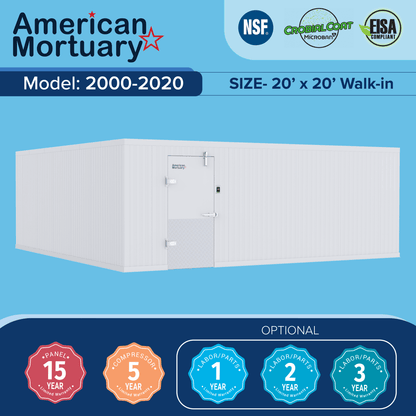 16x16 walk-in mortuary cooler exterior installation, large-format institutional cold storage — American Mortuary Coolers (closest-size image shown)