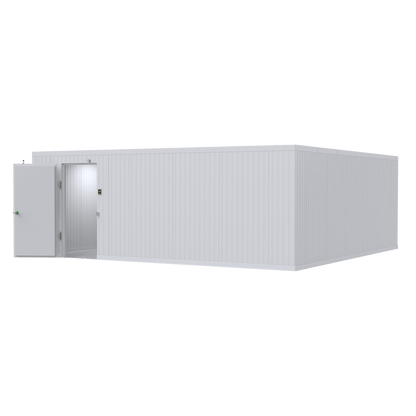 Interior view of a 24x24 walk-in mortuary refrigerator showing large-scale cadaver storage capacity and open workflow space